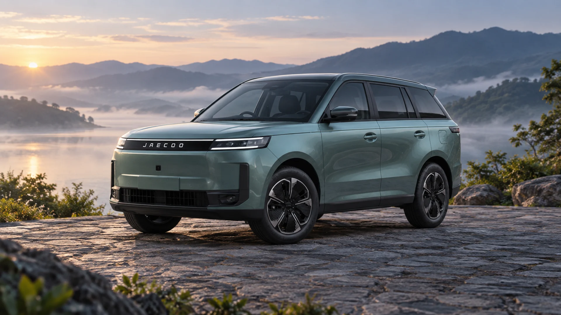 JAECOO 5 EV สีเขียว Light Sea Green มุมด้านหน้าขวา (ภาพประกอบ)